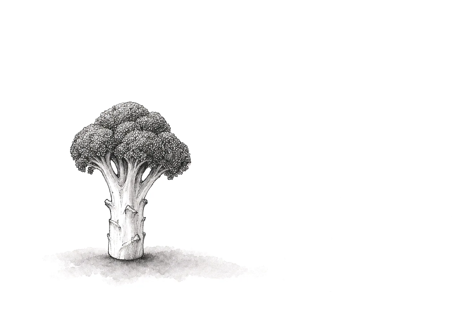 Ink illustration of a single broccoli stalk standing upright like a small tree