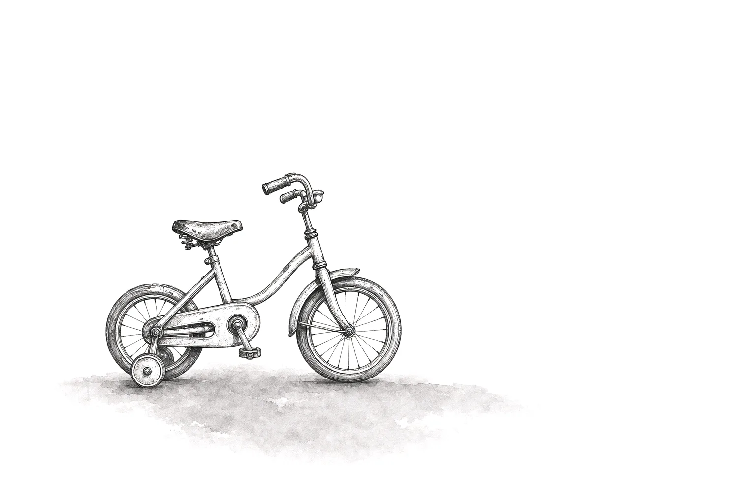 Ink illustration of a child's bicycle with training wheels