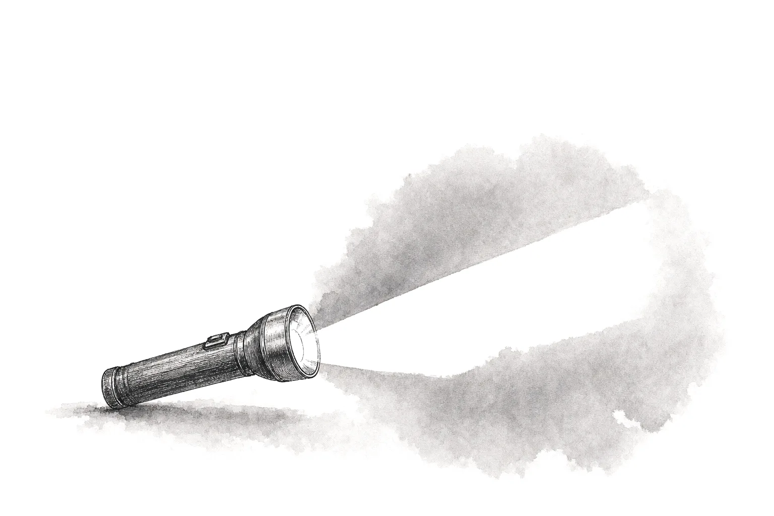 Ink illustration of a flashlight casting a clean beam through gray ink wash