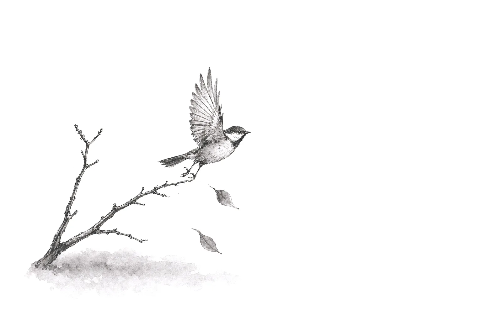 Ink illustration of a small bird bursting from a bare branch