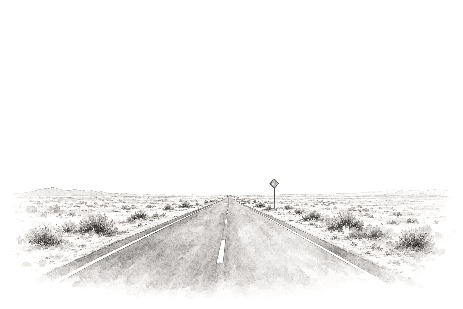 Ink illustration of an empty desert highway running to the horizon
