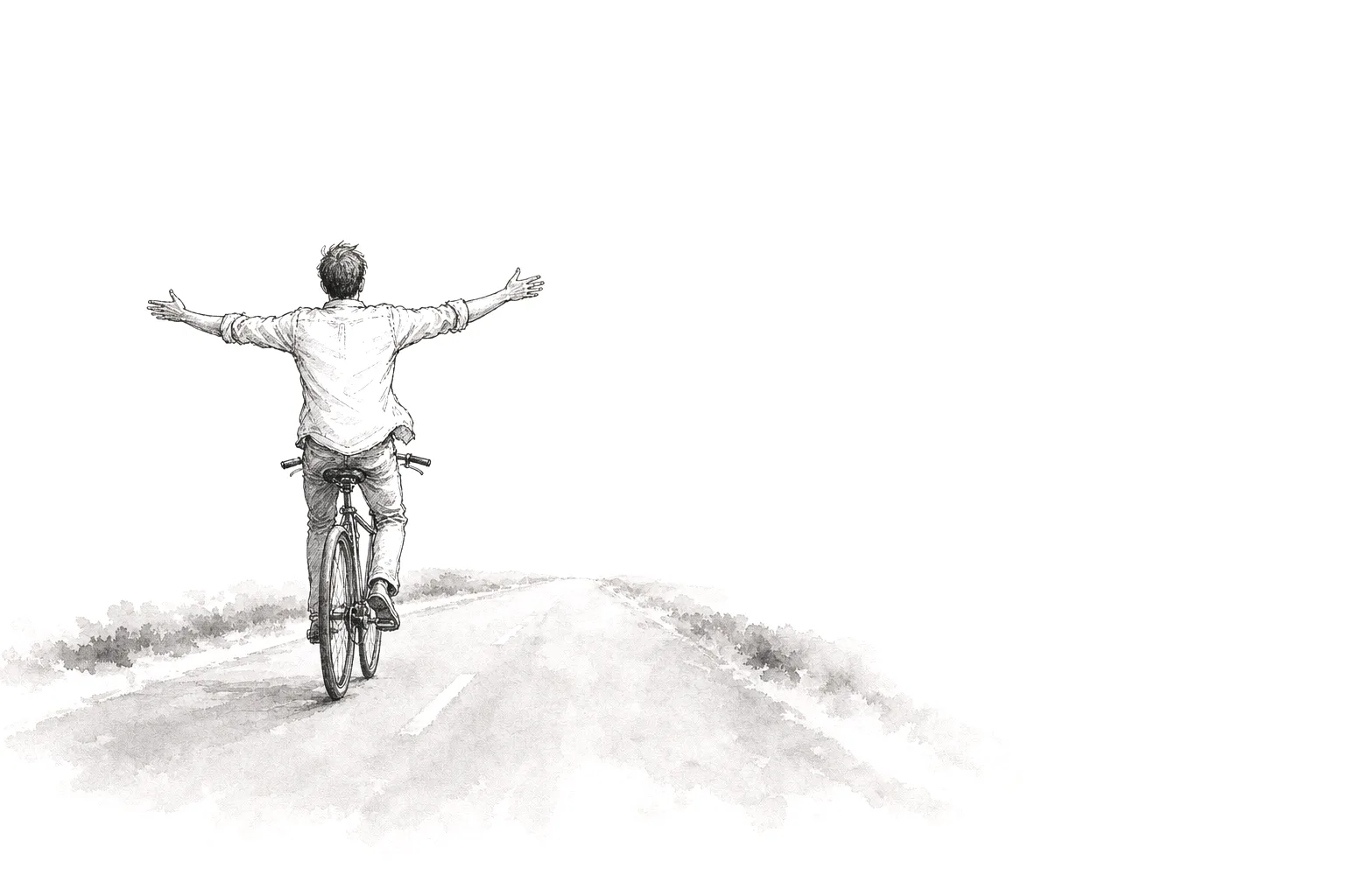 Ink illustration of a rider cycling hands-free down an open road